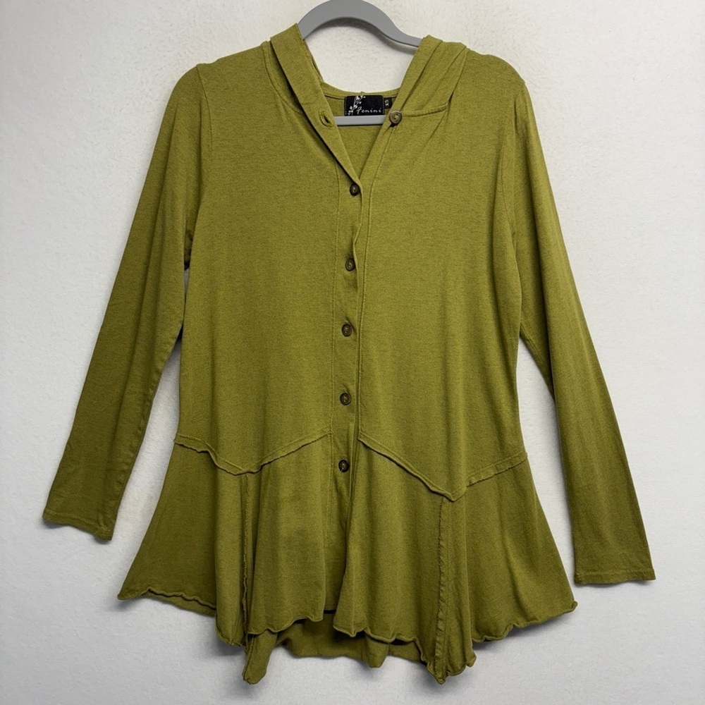 Fenini‎ Cotton Blend Green Button Down Hooded Cardigan Sweater XS Lagenlook